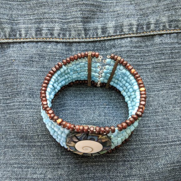 Abalone Shell Inlay Seed Bead Cuff - Picture 3 of 6